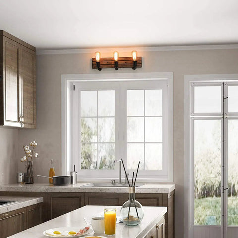 Rustic Wood And Oil Rubbed Metal Vanity Lights Farmhouse Wall Sconces Over Kitchen Window