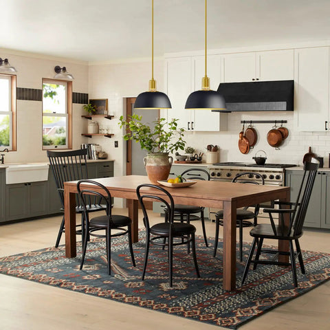Stylish dining area with two 11 Inch Black Metal Dome Shade Pendant Lighting Fixture With Polished Gold Rod Kit E26 2 Pack Industrial Modern Ceiling Light.