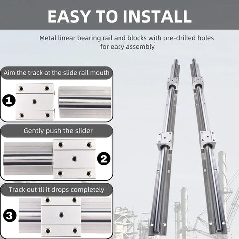 SBR16 Linear Rail Kit 2500mm Spliced Guide With Two 1500mm And Two 1000mm Rails assembly instructions with metal bearing blocks and rails.