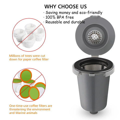 Reusable Filter Cup For Cuisinart HomeBarista Coffee Makers, SS-RFC Series, shown open in dark gray, with eco-friendly features.