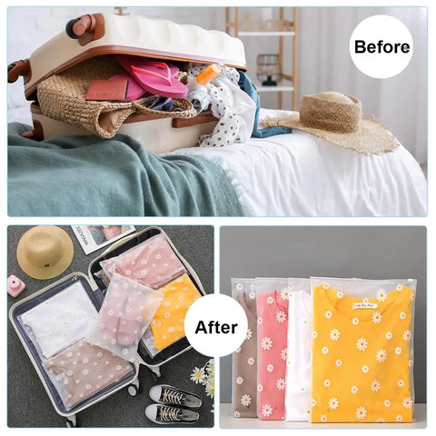 Before and after using Stash And Pack Travel Storage Bags For Clothes And Gear Clear Reusable Ziplock Pouches Waterproof Resealable