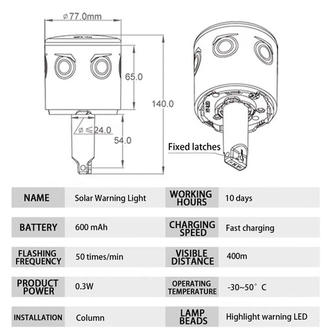 Dimensions and specifications of Solar Powered 360 Degree Strobe Warning Light With Auto On Off For Construction Sites Docks Marine And Factory Safety Ultra Bright Flashing Emergency Signal For Cranes Towers And Outdoor Work Areas Boss Level Safety