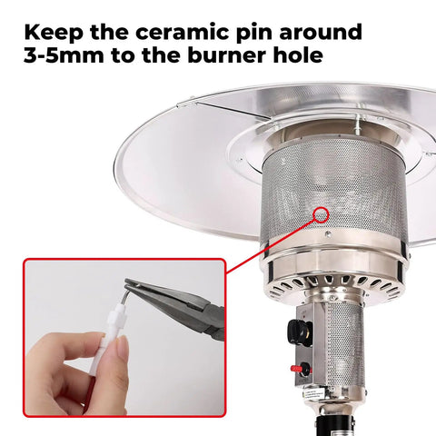 Piezo Igniter With Cable For Outdoor Heaters, Replacement Part For Most Outdoor Round Stand Up Propane Heaters And Mini Tabletop Gas Heaters, Black, CSA Certified Ceramic Sparker Cable, 36cm, shown near burner installation