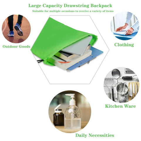 10 Color Drawstring Backpack For Gym And Travel, lightweight polyester sack pack with books and laptop, green color.