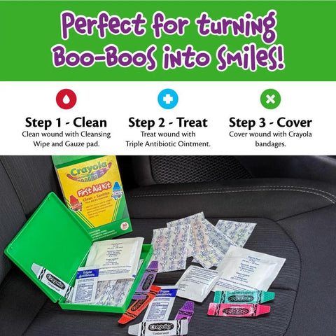 Open green Crayola First Aid Kit on car seat with bandages and ointment packets, front view