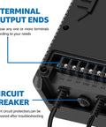 Close-up of terminal output ends and circuit breaker on Powerful 300W Low Voltage Landscape Transformer With Timer And Photocell Sensor.