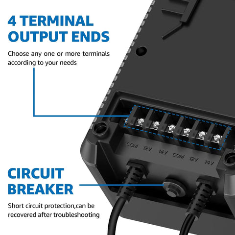 Close-up of terminal output ends and circuit breaker on Powerful 300W Low Voltage Landscape Transformer With Timer And Photocell Sensor.