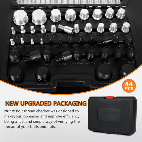 Nut And Bolt Gauge Set 44 Piece with Inch and Metric Gauges Male and Female Thread Checker displayed in case
