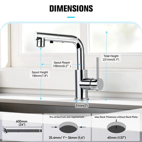 Dimensions of Single Handle Kitchen Faucet With Pull Out Sprayer And Deck Plate, Chrome Finish, shown with measurement details.