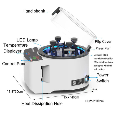 110V Lab Planetary Ball Mill Grinder With LED Lamp And Safety Cover For Lab And Industrial Use, showing control panel and design details.