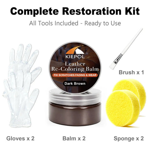 Dark Brown Leather Repair Kit With Recoloring Balm And Dye For Scratches Fading And Aging On Couches Seats Boots And Leather Furniture Restore Like New shown with gloves, brush, and sponge
