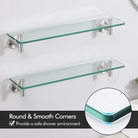 Glass Bathroom Shelf 20 Inch Rectangular With 8mm Tempered Glass And Rustproof Metal Bracket, Wall Mount Shelving Brushed Finish