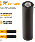 Smooth Operator Heavy Duty Black Stretch Wrap Roll With Handles 15 Inch 1000 Foot 60 Gauge with two yellow handles.