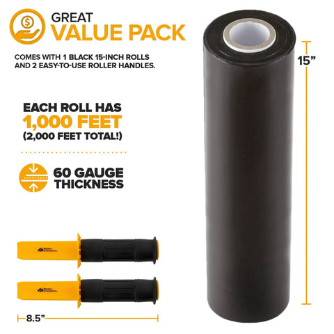 Smooth Operator Heavy Duty Black Stretch Wrap Roll With Handles 15 Inch 1000 Foot 60 Gauge with two yellow handles.