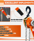 Orange 1.5-ton lever chain hoist with black non-slip handle and metal chain.