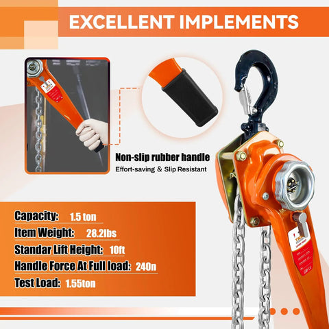 Orange 1.5-ton lever chain hoist with black non-slip handle and metal chain.