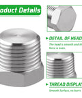 Outer Hex Head Pipe Plug Fitting 3 By 8 NPT Male Stainless Steel 304 Pack Of 4 with smooth threaded design details
