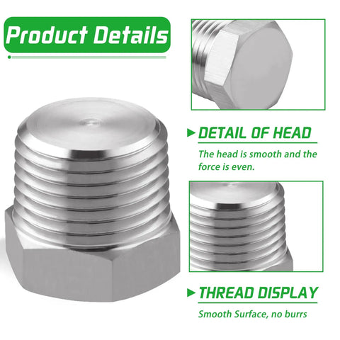 Outer Hex Head Pipe Plug Fitting 3 By 8 NPT Male Stainless Steel 304 Pack Of 4 with smooth threaded design details
