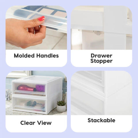 Collage showing features of Under Bed Storage Drawer Set 22 Qt Stackable Plastic Organizer Bins With Smooth Glide Sliding Drawers 4 Pack White Durable Made In USA Storage Solution For Bedroom Closet And Toy Rooms.