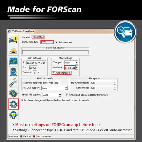 FORScan OBD2 Scanner OBDII USB Adapter Code Reader Diagnostic Tool With Auto Switch HS MS CAN settings interface