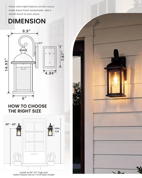 Diagram and installed view of Two Pack Outdoor Wall Sconces, Waterproof Exterior Porch Lanterns With E26 Socket, Anti Rust Matte Black Finish