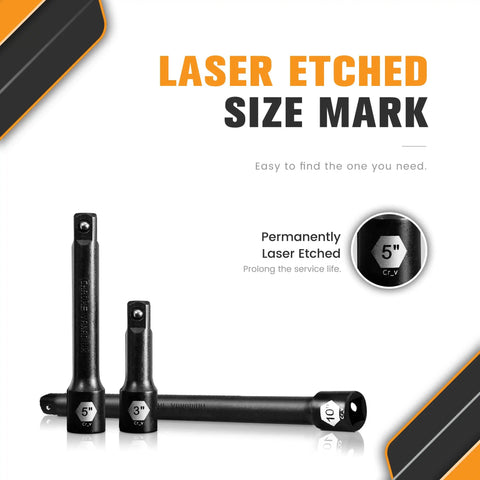 Half Inch Drive Impact Extension Bar Set For Socket Extensions, 3 Piece, laser etched size marks showing 3, 5, 10 inch lengths