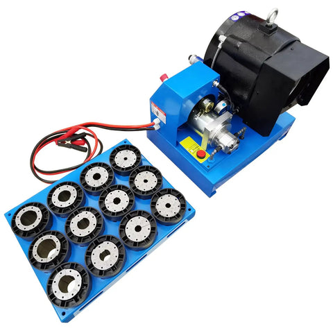 12V Portable Hydraulic Hose Crimper With 13 Quick Swap Dies, compact design, includes various size dies for versatile crimping.
