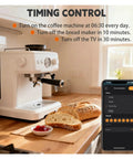 Straight Up Heavy Duty Smart Power Strip With Four EU Outlets And Serious 3500 Watt Surge Capacity Voice And App Controlled Extension Board Matter Ready For Hassle Free Smart Home Setup on a kitchen countertop with coffee machine and sliced bread.