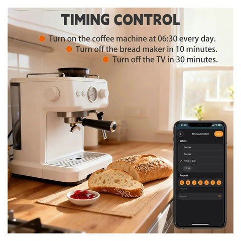 Straight Up Heavy Duty Smart Power Strip With Four EU Outlets And Serious 3500 Watt Surge Capacity Voice And App Controlled Extension Board Matter Ready For Hassle Free Smart Home Setup on a kitchen countertop with coffee machine and sliced bread.