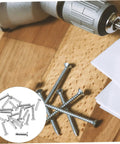 Flat Single Hole Clevis Pin Set, 20 Piece Stainless Steel Locating Pins with drill and screws on wooden surface