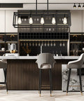 Farmhouse Black 5 Light Kitchen Island Pendant Light Set in modern kitchen, over island table, featuring dimmable E26 base.