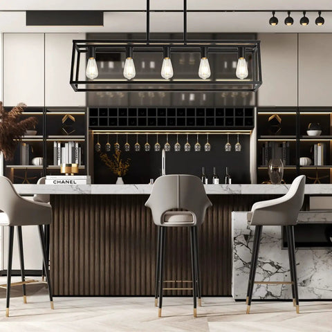 Farmhouse Black 5 Light Kitchen Island Pendant Light Set in modern kitchen, over island table, featuring dimmable E26 base.