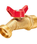Beefy Brass Ball Valve For Outdoor Garden Hose Spigot Featuring Crisp Quarter Turn Shut Off And Tight Grip Two Pack Connector Kit For Effortless Backyard Irrigation Setup with red handle and brass finish.