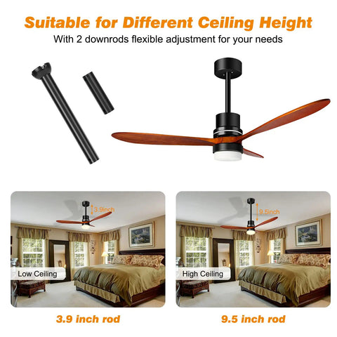 52 Inch Wood Ceiling Fan With Remote Control, 3 Color Temperature LED Light Kit, Rustic Vintage Farmhouse Style demo on ceiling height