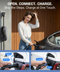 Woman using Smooth Operator Portable EV Charger for Tesla, showing easy connection process with detailed images.