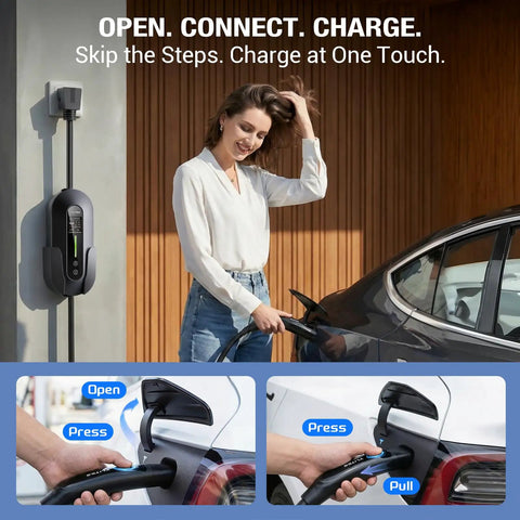 Woman using Smooth Operator Portable EV Charger for Tesla, showing easy connection process with detailed images.
