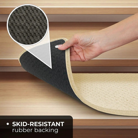 Close-up of Skid Resistant Carpet Stair Treads Set Of 15 In Ivory Cream 8 X 23.5 Inches With Durable Rubber Backing showing grip texture