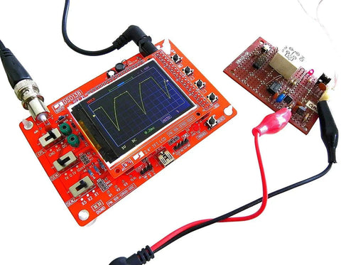 DIY Oscilloscope Kit With Clip Probes For DSO138 Replacement, displaying waveform on 2.4 inch TFT LCD screen, connected to circuit board