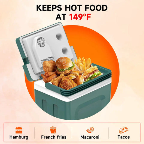 Tailgate Ready Portable Thermoelectric Car Cooler And Warmer 26 5 Quart Dual Temp Fridge For Truck RV Camper Party with food items inside.