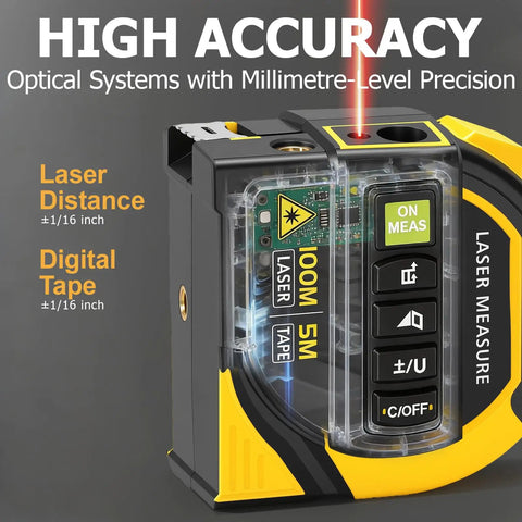4-In-1 Digital Laser Tape Measure With 328 Ft Range And 16 Ft AutoLock Tape, Dual-Axis Leveling, Cross-Line Leveling, Class II Laser Output Under 1 mW, Built For DIYers, Pros, And Home Reno Projects showing laser distance and digital tape controls