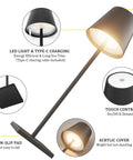 Diagram showing Two Pack LED Cordless Table Lamps With Rechargeable 5500mAh Battery, highlighting features like touch control and Type-C charging.