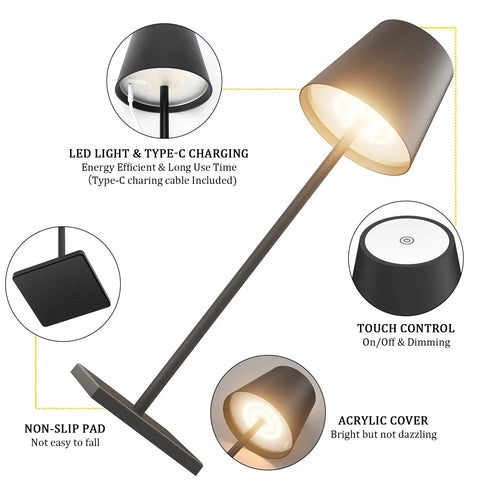 Diagram showing Two Pack LED Cordless Table Lamps With Rechargeable 5500mAh Battery, highlighting features like touch control and Type-C charging.