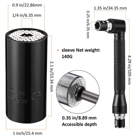 Flexible Drill Bit Extension Kit with bendable magnetic extender and hex socket adapters for tight spaces, detailed measurements displayed.