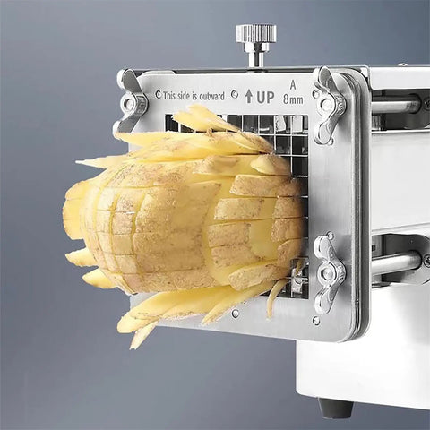 Professional Electric Potato Chip Cutter And Commercial French Fry Slicer Machine Made With Durable Stainless Steel Blade For Home Kitchen Business Use 10mm Cut Size Easy To Clean Automatic Vegetable Chopper Device with potato being sliced.