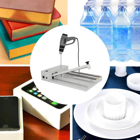 LKJUIO 450W Shrink Wrapping Machine With Roller Bracket Compact Aluminum Alloy Countertop Heat Sealer Adjustable Temp Control with various items.