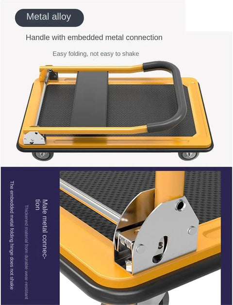 Heavy Duty Push Cart Dolly With Folding Platform Hand Truck For Home Office Warehouse Garage And Garden Use A Workhorse Mobile Utility Cart With Dual Swivel Casters And Rigid Wheels, metal alloy handle hinge