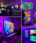 Lit 50 Foot Black Light Strip Kit With 900 LEDs 12V creating vibrant party decor and UV body paint effects.