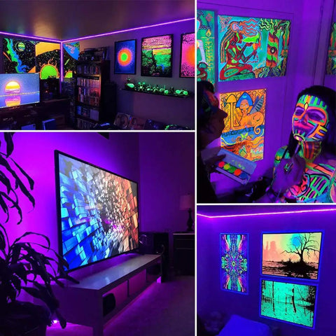 Lit 50 Foot Black Light Strip Kit With 900 LEDs 12V creating vibrant party decor and UV body paint effects.