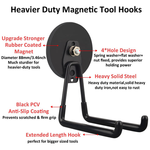 Heavy Duty Magnetic Tool Hooks Set, 2 Pack Neodymium Hangers for Saws Drills Hammers, 3.46 Inch Black Mount with Rubber Coated Magnet