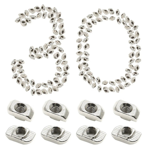 50 Pack Hammer Head Sliding T Nuts For 8mm T Slot Aluminum Extrusion 3030 Series M6 Thread displayed in '30' shape